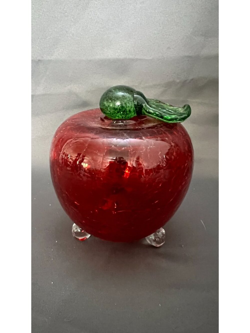 Handcrafted Glass Apple-Shaped Jar With Green Stem Lid & Clear Feet – Decorative